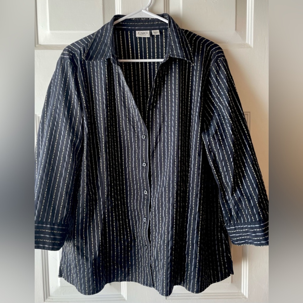 Cato Woman Black Gold Silver Stripe Textured Button Up Stretch Blouse 18W 20W